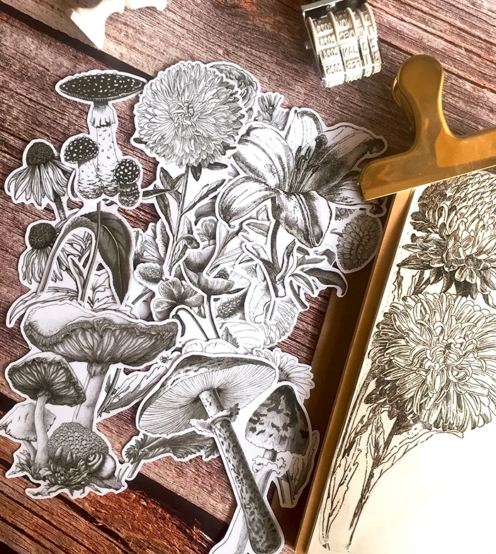 22Pcs/Set Vintage Black Plants Mushroom Sticker DIY Craft Scrapbooking Album Junk Journal Happy Planner Decorative Stickers