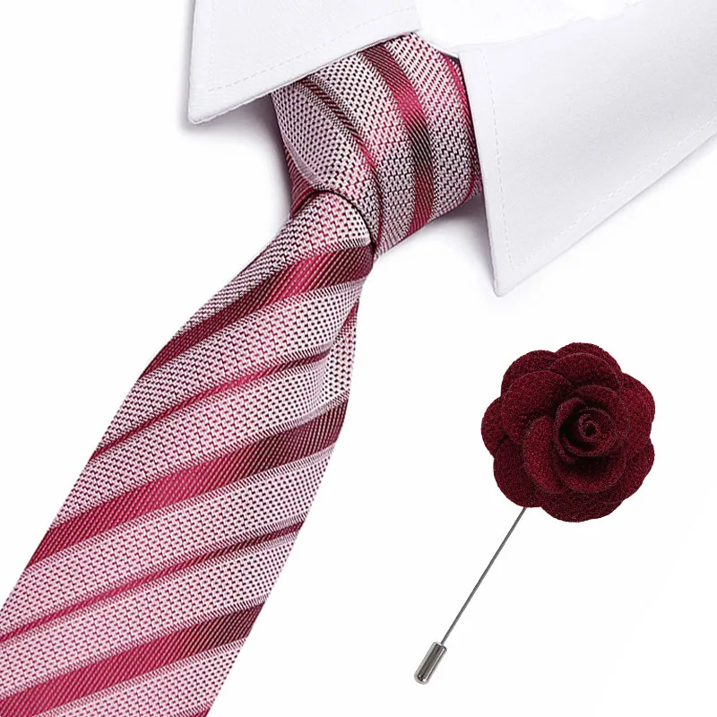 

New 100% Silk Men's Ties Pink Striped Neck Ties 7.5cm Ties with flower pin for Men Formal Business Wedding Party Neckties