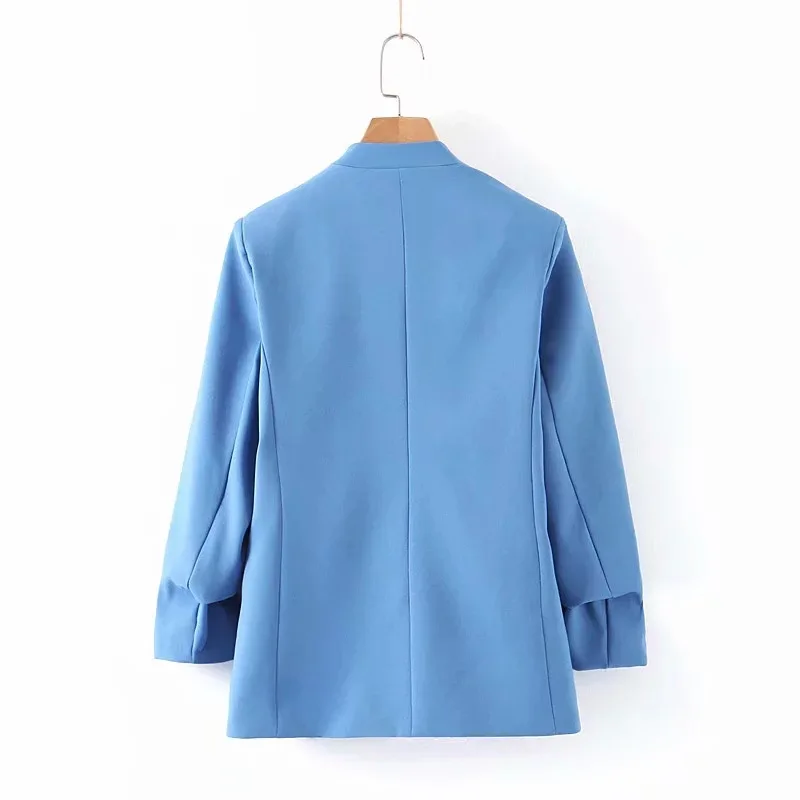 Осенний женский синий комплект пиджак блейзер с высокой талией Прямые брюки женский офисный деловой костюм комплект из двух предметов