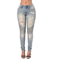 New Hole jeans woman slim Ripped jeans for women Mid waist jeans Skinny Pants Pockets Washed Vintage Spliced Full Length - Color: Light blue
