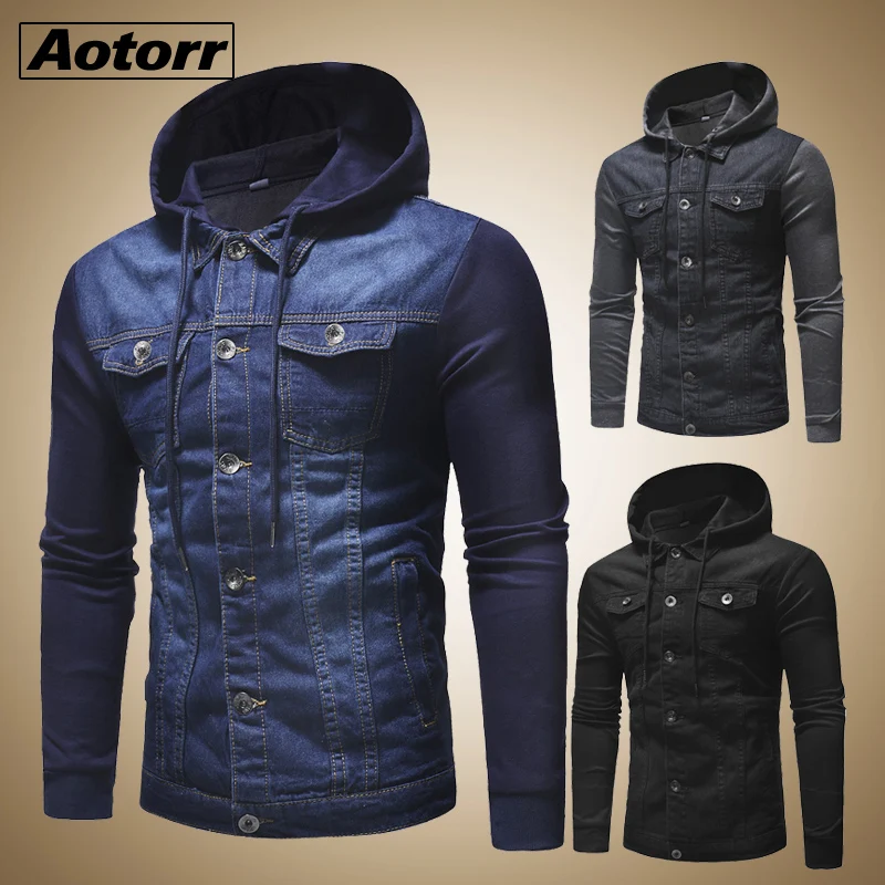 

New 2019 Men Jeans Jackets Man Hooded Autumn Denim Coat for Male High Quality Fashion Classic Patchwork Mens Clothes Streetwear