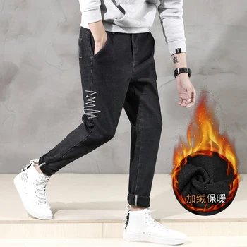 

Tide brand Japanese high elastic plus velvet thickening Harlan feet jeans men's classic casual brand black long pants