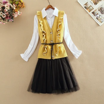 

2020 Autumn Winter New Women 2 Pieces Set Contrast Color Mesh Sheer Patchwork Shirt Dress +Striped Ruffle Knitted Vest Suit Sets