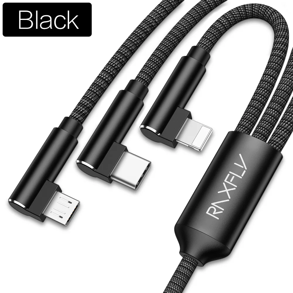 Black RAXFLY 3 в 1 Micro USB кабель для мобильного телефона type C зарядный кабель для iPhone XR samsung Note 10 Plus 3A быстрые зарядные шнуры - Цвет: Black