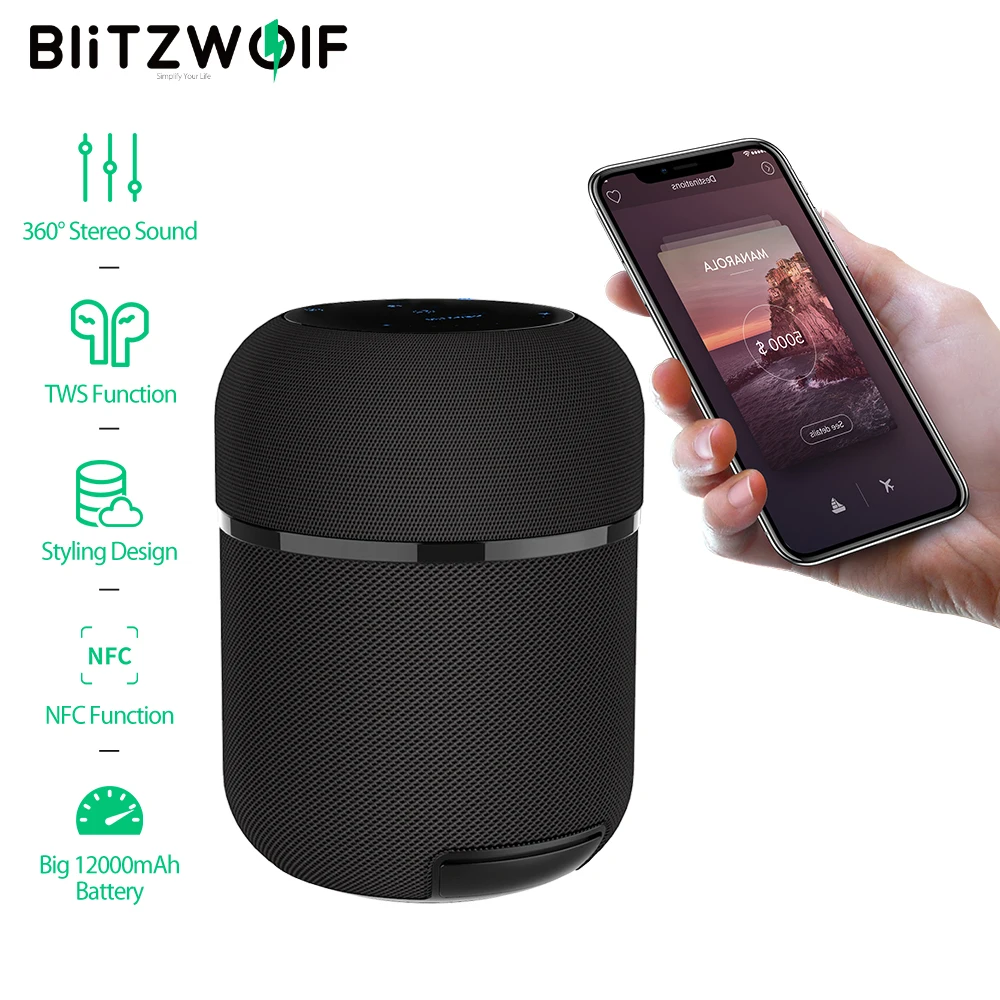 BlitzWolf BW AS3 Bluetooth динамик 70 Вт 12000 мАч беспроводной с 360 ° стерео звук TWS функция