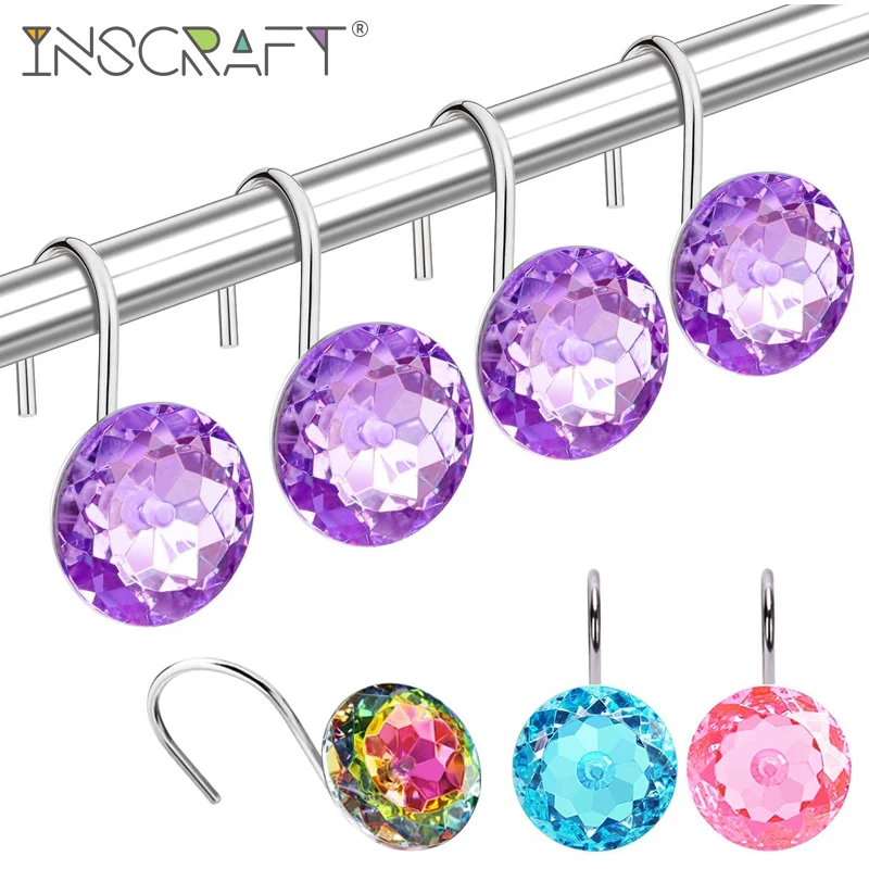 

12PCS Crystal Gem Bling Shower Curtain Hooks Decorative Diamond Curtain Rings Acrylic Rhinestone Bathroom Shower Curtain Rings