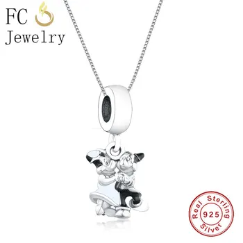 

FC Jewelry 925 Sterling Silver Cartoon Black White Enamel Mickey Minnie Pendant Necklace Chain Women Female Chokers Trinket 2018