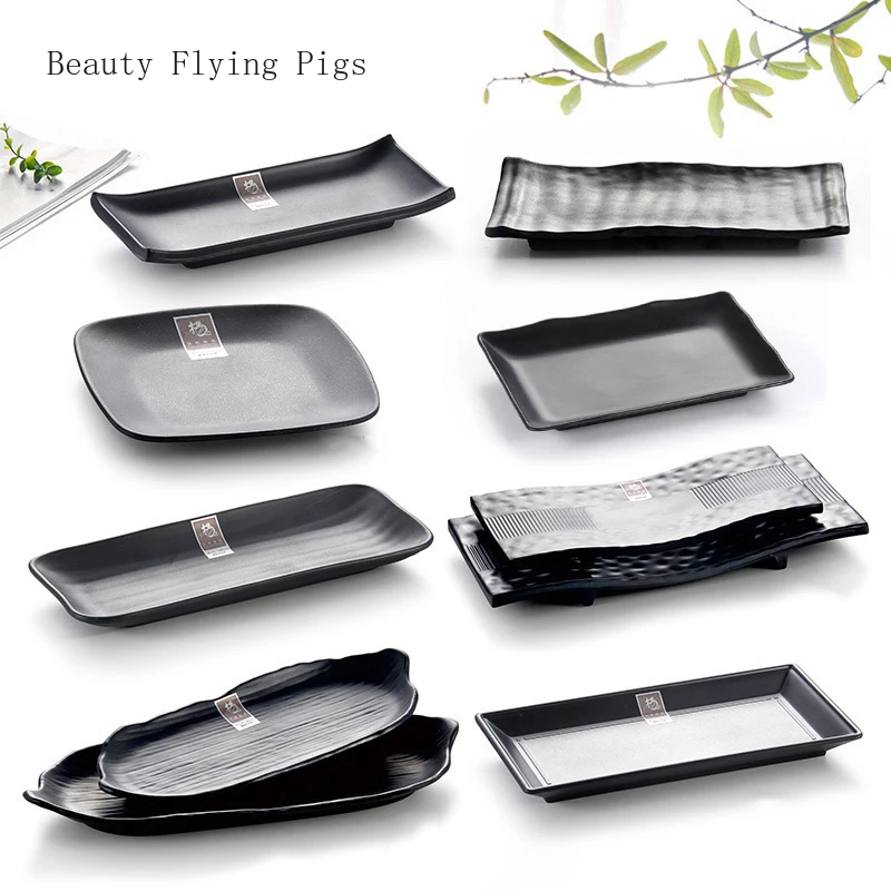 

Black Scrub Striped Barbecue Meat Sushi Plate Melamine Kitchen Cutlery Korean Cuisine Saury Fruit Dessert Sushi Storage Plate
