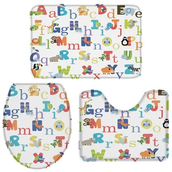

3 Pieces Bathroom Set Abc Alphabet Of Cartoon Animals Bath Set Toilet Cover Mat Pedestal Rug Non-Slip Bathroom Rug Set