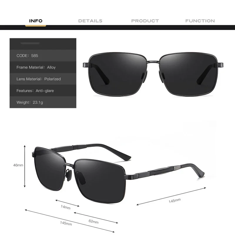 Metal+Aluminum Magnesium Polarized Sunglasses Men UV400 Cool Square Driving Sun Glasses Driving Eyewear Gafas De Sol Shades