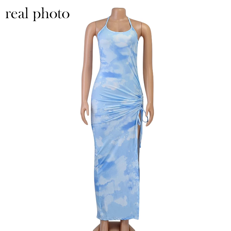Simenual Tie Dye Drawstring Side Slit Women Maxi Dresses Strap Sleeveless Party Club Fashion Slim Backelss Bodycon Halter Dress