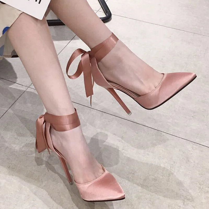 

Women's Pumps Pointed Ankle Strap Super High Heel Hollow Outs Sandals Pink Silk Bridesmaid Shoes 2021 Summer Stiletto Heels