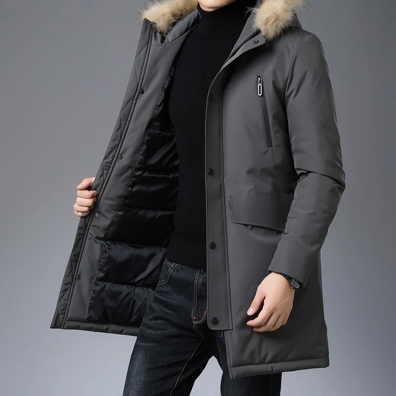 Высший сорт, новинка, зимний модный брендовый пуховик с капюшоном, мужской пуховик на утином пуху, уличная одежда, пуховое пальто, длинная теплая мужская одежда - Цвет: Серый