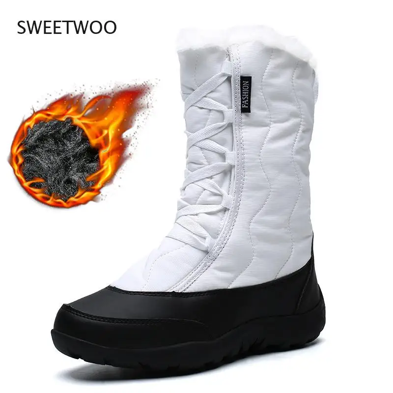 Snow Boots Women New Winter Warm Plush Booties Mid-Calf Waterproof Ladies Shoes Round Toe Platform