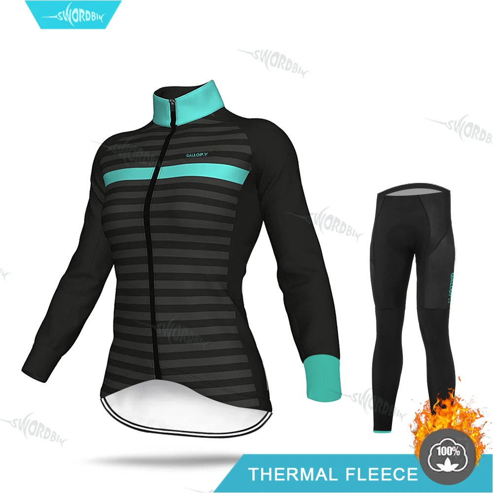 Normal Cycling Set Зимняя флисовая майка, комплект для женщин, одежда для велоспорта, одежда с длинными рукавами, профессиональная команда, для верховой езды, теплая флисовая, MTB, гелевая накладка, комплект брюк - Цвет: Normal Cycling Set