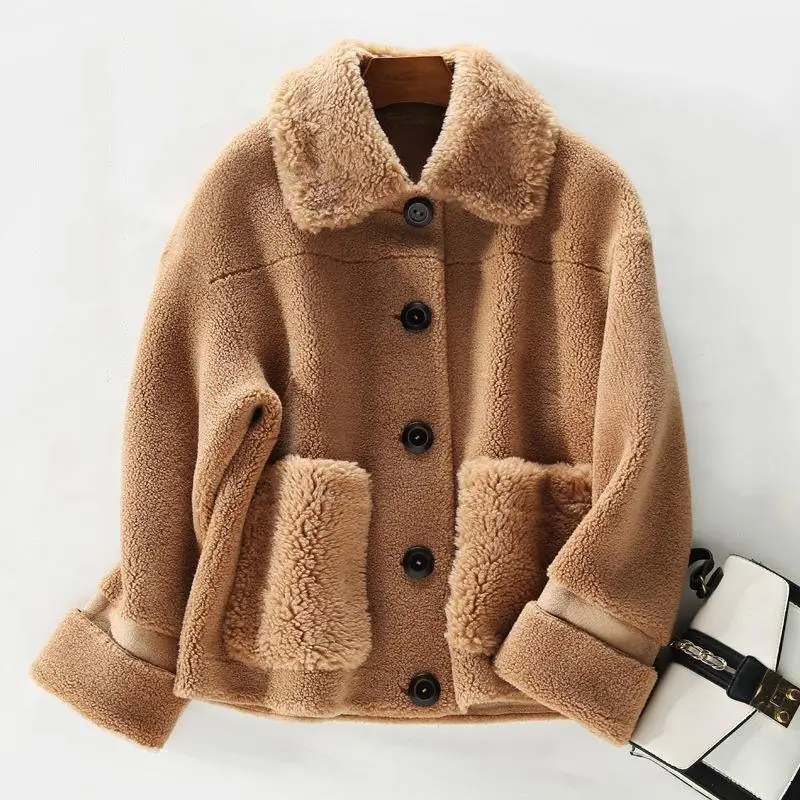Женская коллекция осень-зима, короткие пальто с натуральным гранулированным овечьим стригом, Повседневная теплая шерстяная куртка, женская модная уличная одежда из овечьей шерсти E151 - Цвет: brown