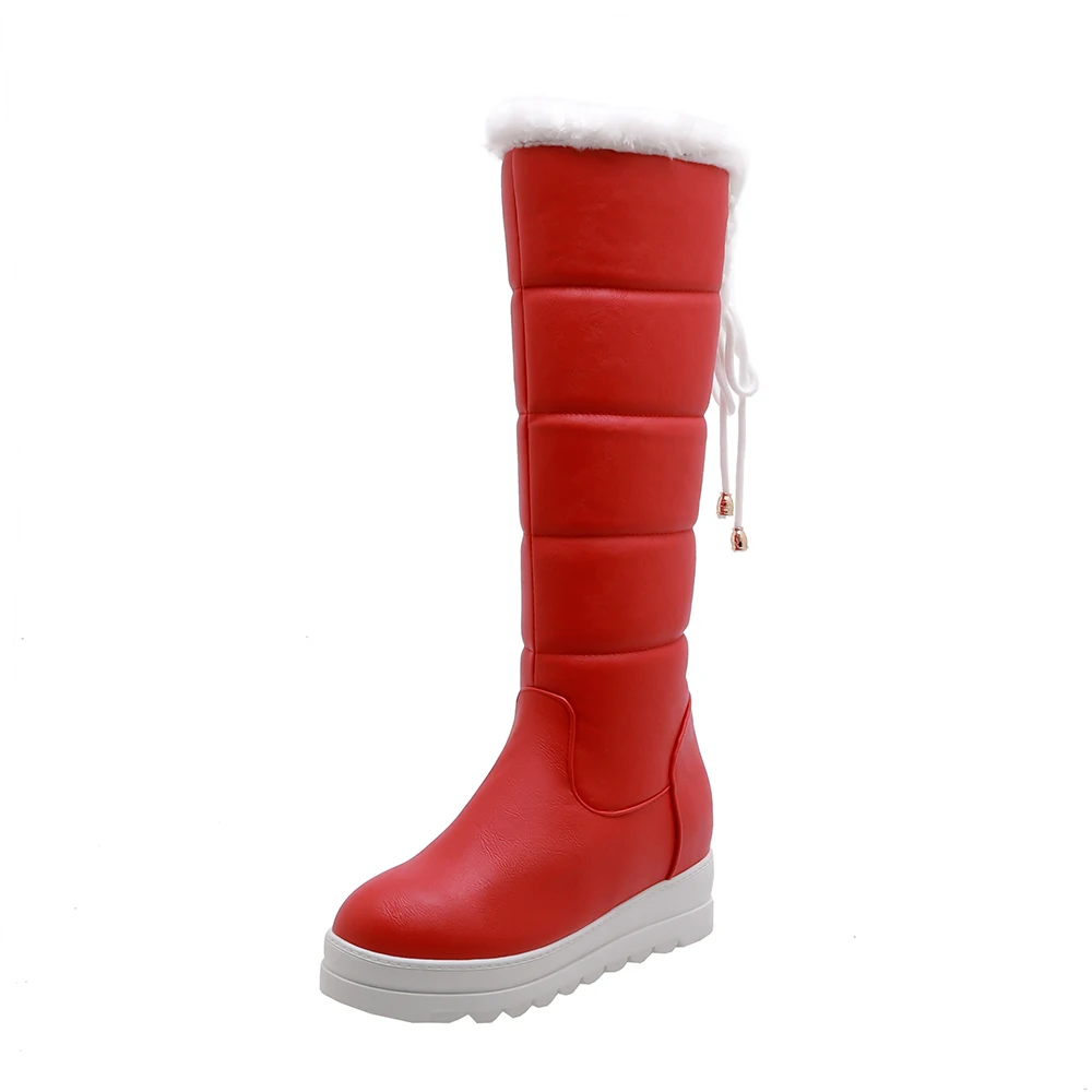 MORAZORA/ г. Большие размеры 33-43, теплые зимние сапоги удобная женская обувь на плоской подошве с круглым носком на платформе сапоги до колена, 3 цвета - Цвет: Красный