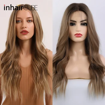 

Inhaircube Ombre Brown 24" Front Lace Synthetic Wigs Wavy Hair Midpart Heat Resistant Mixed Color Natural Wig Free Shipping