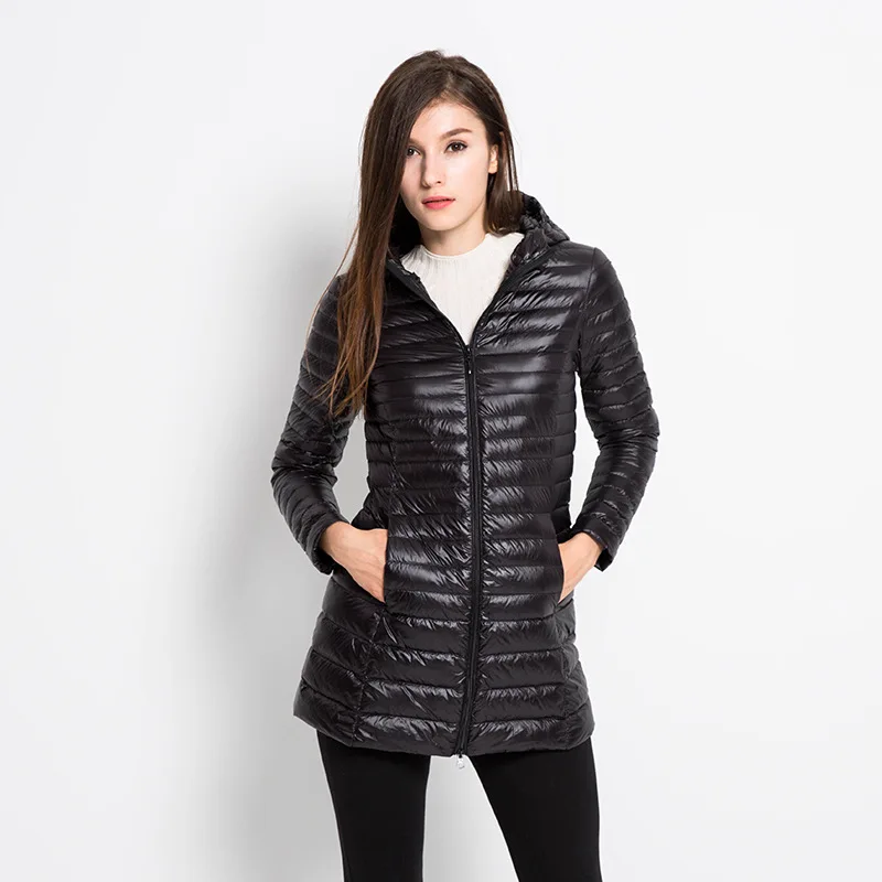 AliExpress очень большой тонкий пуховик, Зимний стиль, тонкий и портативный пуховик с капюшоном, женская одежда средней длины