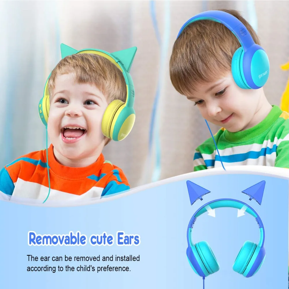 Kids Headphones Foldable Adjustable Limited Volume Headphone with Decorative Ears for Boys Girls Children Wired Headset