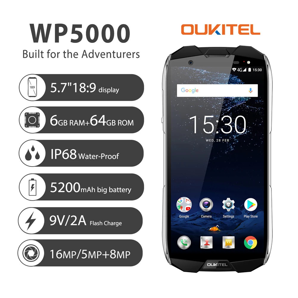 OUKITEL WP5000 4G IP68 мобильный телефон 5200mAh Helio P25 восьмиядерный 2,5 GHz 5," 18:9 HD+ дисплей 6GB+ 64GB 16MP+ 5MP прочный телефон