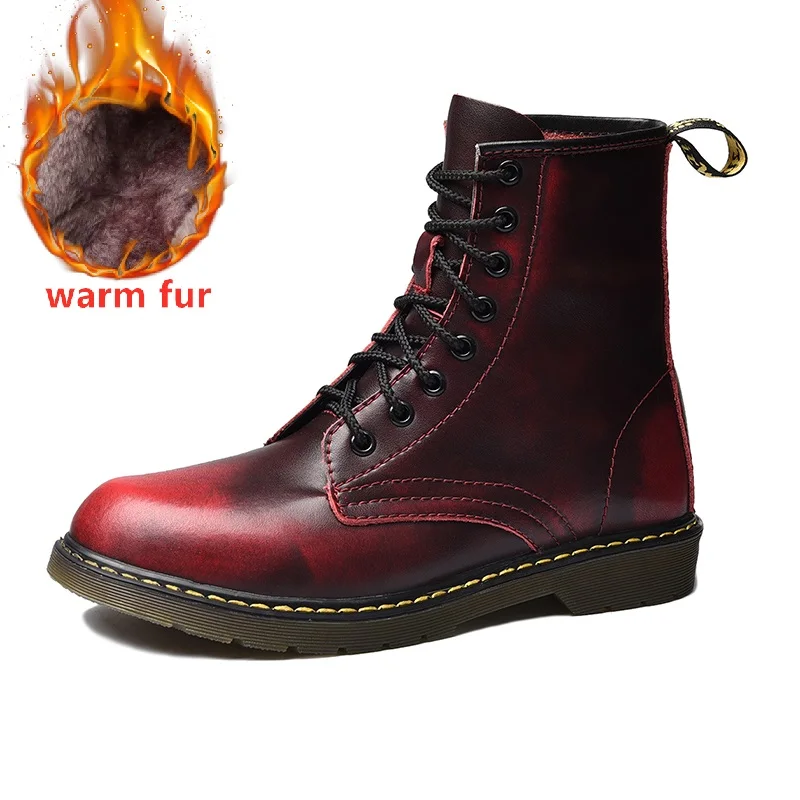 Wine Red with fur Doc/Мужская обувь; мужские зимние ботинки; мартинсы; мужская кожаная обувь; ботильоны в ковбойском стиле из водонепроницаемого материала; повседневная обувь в байкерском стиле; Coturno botas hombre - Цвет: Wine Red with fur