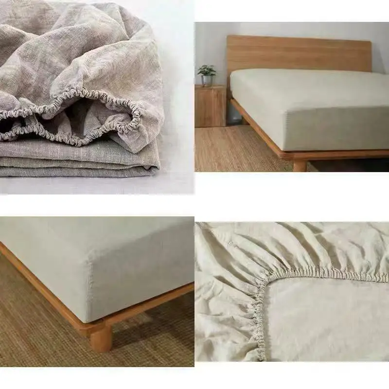 100% Linen Fitted Sheet with Elastic Band, Non Slip Adjustable Mattress Cover for Single Double King Queen Bed,140/160/200cm 3