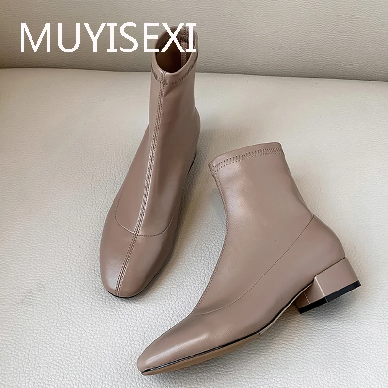 Ботильоны Slip-On на низком квадратном каблуке 4 см эластичная Офисная Женская обувь