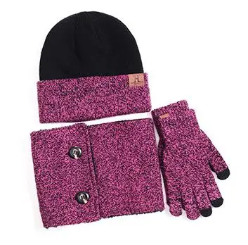 PURPLE Зимний комплект, шапка бини и шарф бесконечности, перчатки с сенсорным экраном, вязаные, 3 шт., зимняя вязаная шапка, комплект, теплая шапка бини+ шарф+ перчатки - Цвет: PURPLE