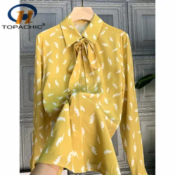 

12.14 Women 100% Silk Boluses Temperament Print Pattern Turn-down collar long sleeve Shirt