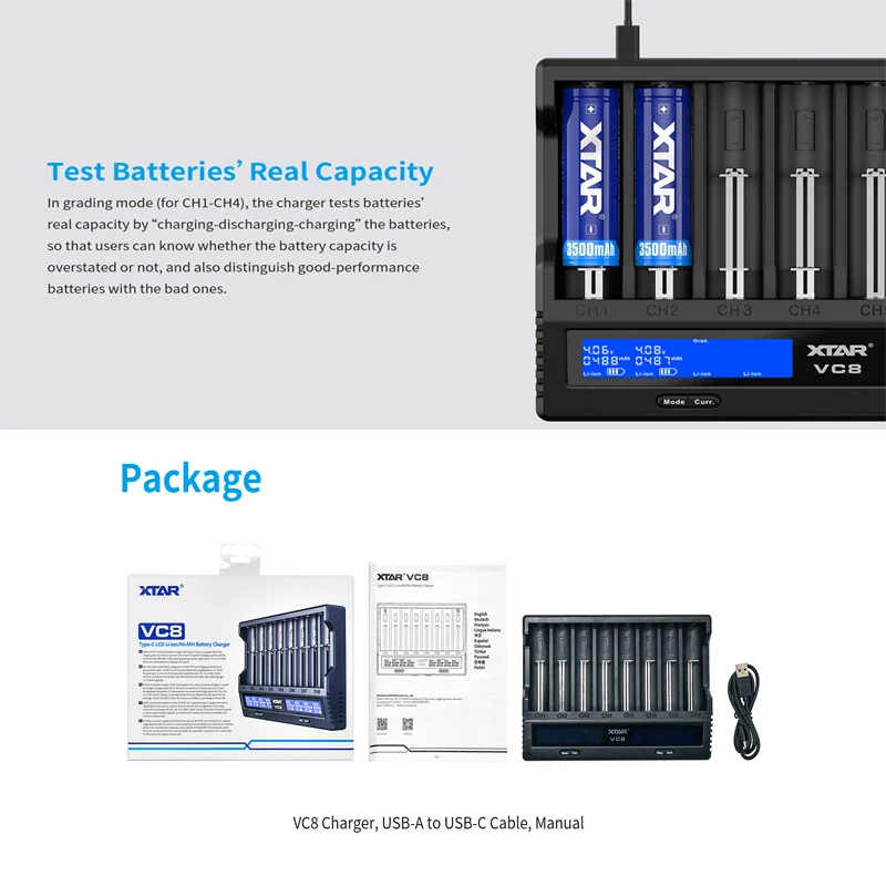 XTAR 18650 Battery Charger VC8 = VC4 + VC4SL QC3.0 Type C Fast Charger Charging LCD Display for 21700 20700 18650 Battery