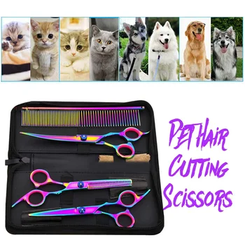 

4-IN-1 Stainless Steel 7'' Pet Hair Scissors Tool Grooming Cutting Thinning Curved Shears Comb Kit for Dog Cat Hair Stlyle