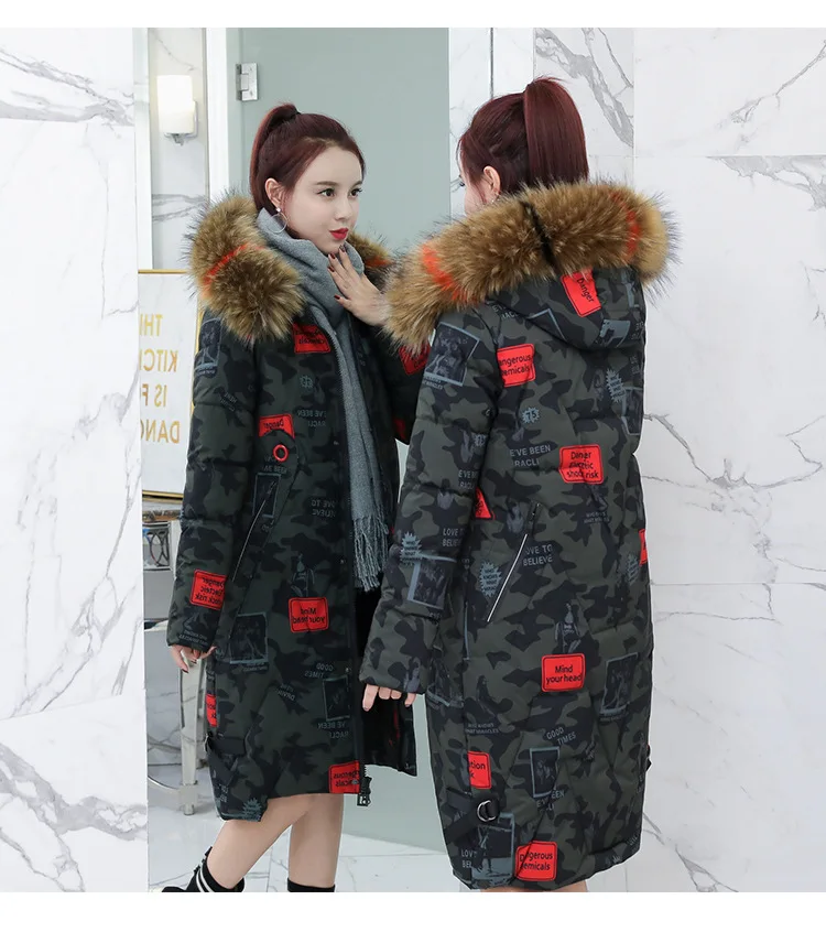 Камуфляжный принт длинный пуховик для женщин с меховым капюшоном однотонный плюс размер хлопковые пальто уличная Женская утолщенная теплая зимняя верхняя одежда