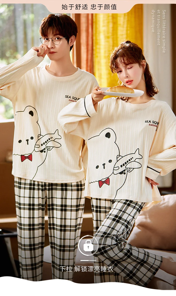 Long Sleeve Winter Pajamas Set for Couple Pink Sweet Girl Kawaii Cartoon Little Bear Sleepwear Cotton Leisure Men Women Homewear mens silk pajama set