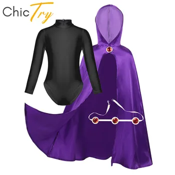 

ChicTry Kids Long Sleeves Zippered Leotard with Faux Diamond Belt Hooded Cape Child Girls Halloween Dress Anime Cosplay Costume