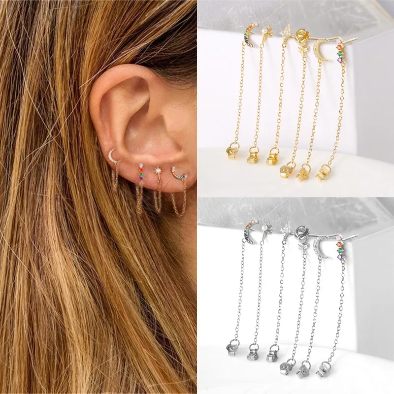 

BOAKO Korean Stud Earrings for Women 925 Sterling Silver Jewelry Long Threader Earring Rainbow CZ Moon Star Tassel Chain Earring