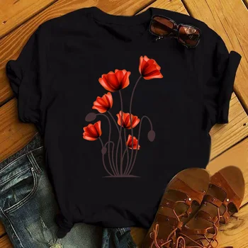 Maycaur Red Poppy Fashion Women T Shirts 90s Ulzzang Floral Flower Print T-shirts Aesthetic Female T-shirts for Women Drop Shirt 1