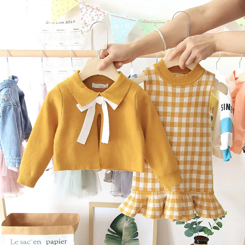 Комплекты одежды для маленьких девочек 2, 3, 4, 5, 6 лет корейское модное вязаное платье в клетку без рукавов, свитер детская одежда из 2 предметов модные костюмы