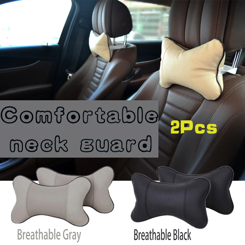 

XCCPJ Universal 4 Color PU Leather Knitted Car Breathable Pillows Headrest Neck Rest Cushion Support Seat Car Accessories 2 Pcs