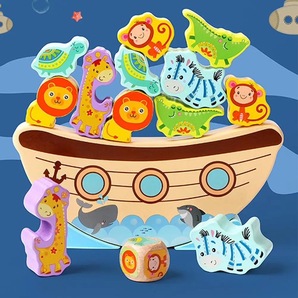 

Bitable Paint Odorless Blocks Stacking Balance Game Wooden Boat Wave Base Animal Building Blocks for Children Baby Toy Gift