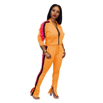 

Women's suit solid color T-shirt pants autumn new solid color hem zipper splicing fashion casual two piece set