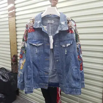 

Women Turn-Down Collar Bead Sequins Denim Jacket Fashion Embroidered Loose Coat Solid Jacket Denim Outwear