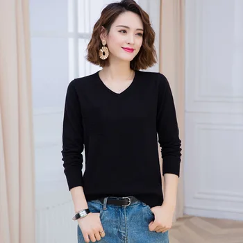 

Ladies Simple Long Sleeve Sweater V-Neck Solid Color Casual T-Shirt red