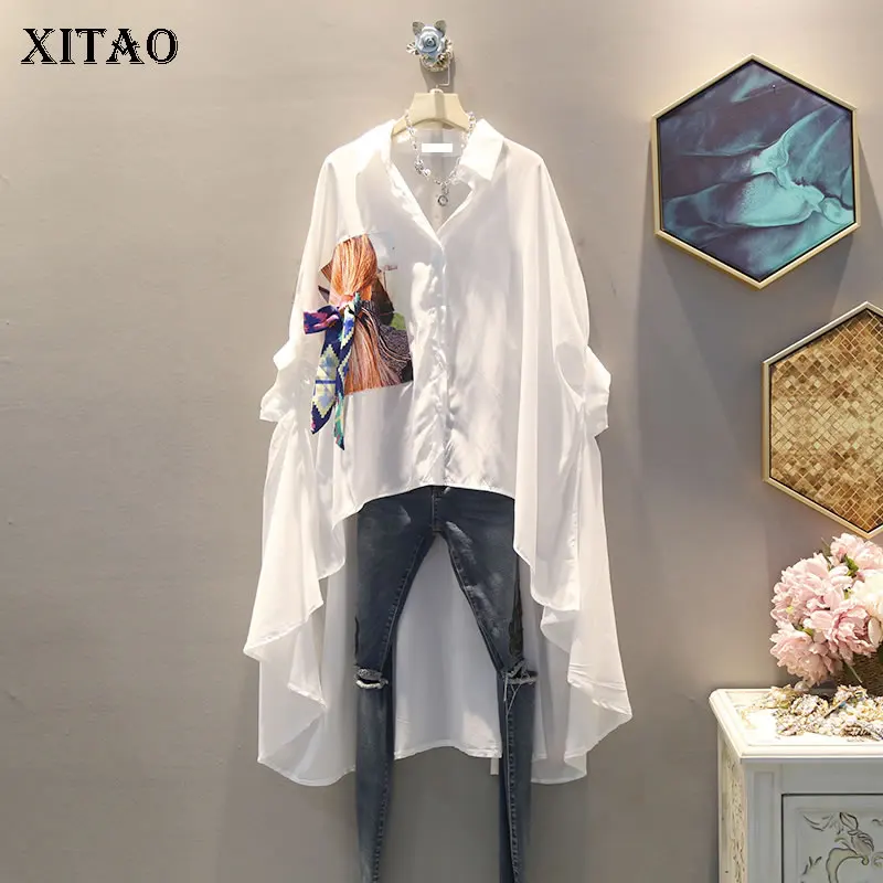 Blouse Top White Shirt Women Clothes Print-Button Match Pleated Irregular Black Summer Fashion