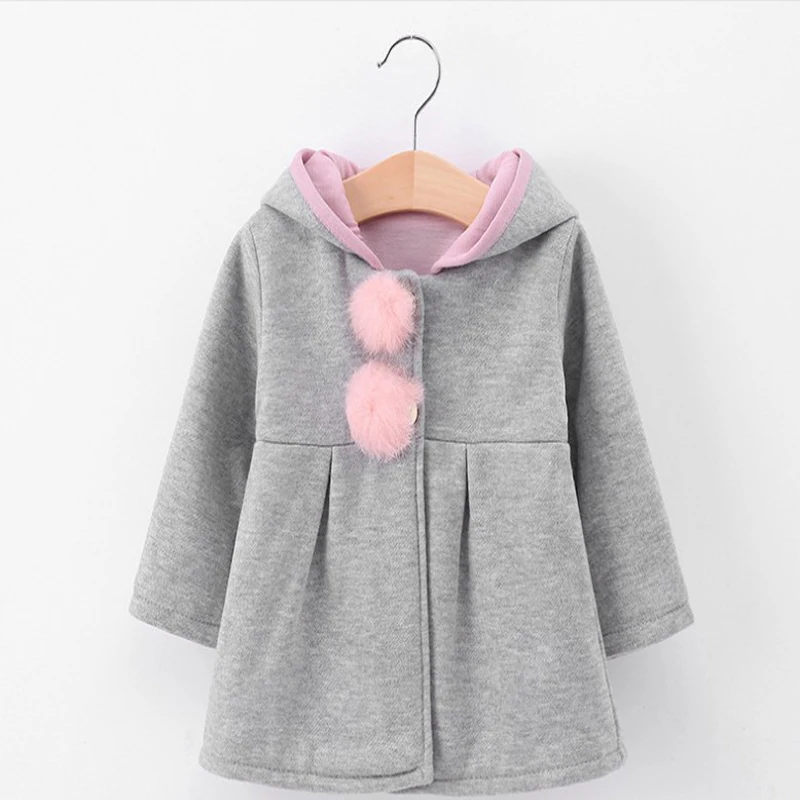 Коллекция года, осенне-зимние куртки для маленьких девочек длинная детская одежда Модное детское пальто теплая верхняя одежда с капюшоном и милыми заячьими ушками для малышей - Цвет: 1