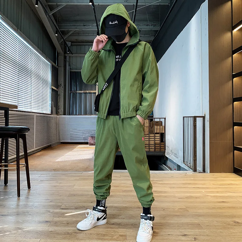 

New Style Spring Leisure Suit Young MEN'S Jacket Men's Loose Trend Handsome Solid Color Sports a Set