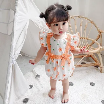 

New baby floral jumpsuit summer cotton Bow small flying sleeve triangle rompers toddler girl climbing suit