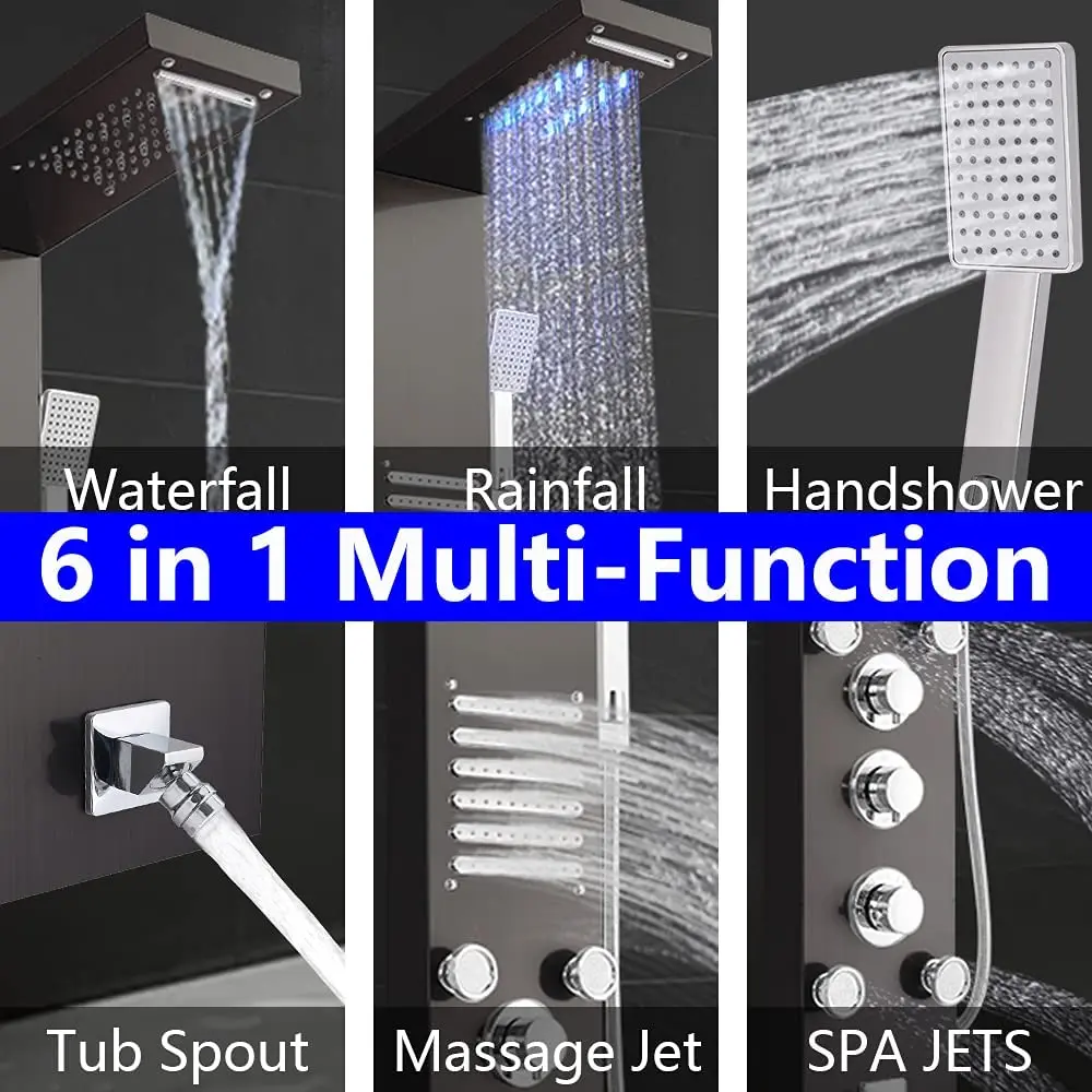 OUIO Black Shower Panel Wall Mounted LED Rainfall Waterfall Shower Head Rain Massage Stainless Steel Bathroom Shower Panel 4