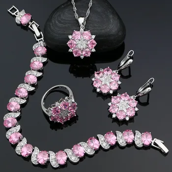 

925 Sterling Silver Bridal Jewelry Sets Pink Cubic Zirconia For Women Wedding Earrings Pendant Ring Bracelet Necklace Kit