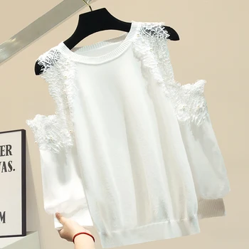

Spring Clothing Woman Lace Off Shoulder Knitted Blouse Women's Thin Off-Shoulder Lantern Sleeve Loose-Fit Tops Pull Femme